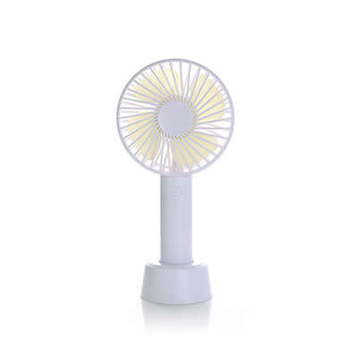 White rechargeable portable fan front view with circular grille and matching stand
