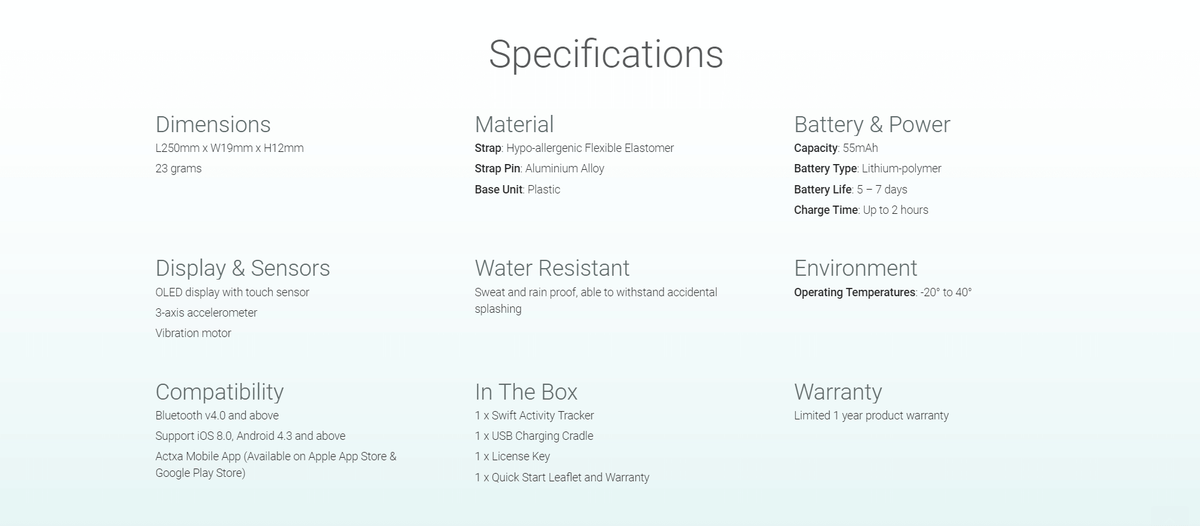 Actxa Swift specification chart showing dimensions, display, battery, compatibility and box contents.