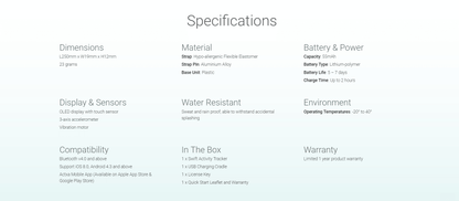 Actxa Swift specification chart showing dimensions, display, battery, compatibility and box contents.