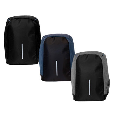 Oxford cloth backpacks shown in black, navy blue and grey colourways with a light vertical front strip.