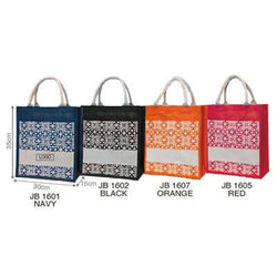 Jute Bag with Patterns in navy, black, orange, and red, eco-friendly and stylish, perfect for corporate gifts.