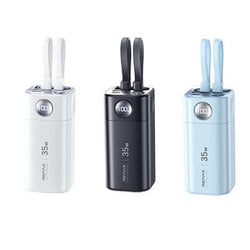 Remax FP-35 Powerbank with Dual Cables 20000mAh in white, black, and blue colors.