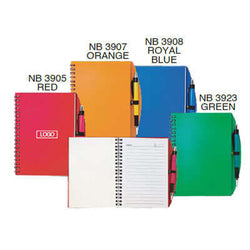 PP Plastic Cover Notebook with Pen in various colors including red, orange, royal blue, and green.