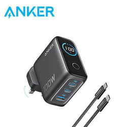 Anker 100W PD Fast Charging 3-Port GaN USB C Charger with real-time smart display and USB-C cables.