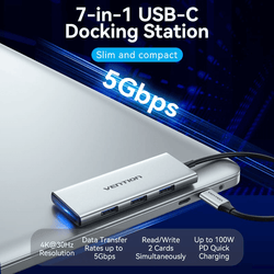 Vention 7-in-1 USB-C Hub showcasing slim design, 5Gbps data transfer, and 4K video support, ideal for corporate gifts.