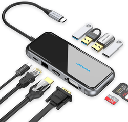 Vention 10-in-1 USB-C Docking Station with multiple ports and cables for versatile connectivity.