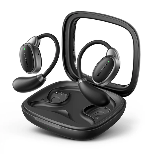 Vention Wireless Bluetooth Open Ear Headphones OpenBeat O15 in their charging case, showcasing modern design and comfort.