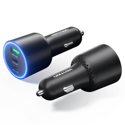 Vention 3 Ports USB C+C+A Car Charger featuring dual USB-C and USB-A ports for fast charging.