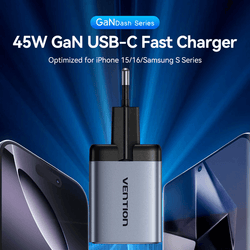 Vention 2-Port GaN Charger 45W for rapid charging of smartphones and tablets with dual USB-C ports.