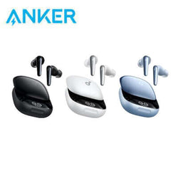 Anker Soundcore Liberty 4 Pro Noise Cancelling True-Wireless Earbuds in black, white, and blue.