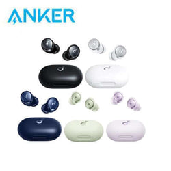 Anker Soundcore Space A40 Long-Lasting Noise Cancelling Earbuds displayed in various colors with charging cases.