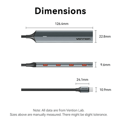 Dimensions of Vention 5-in-1 USB 3.2 Gen 2 Hub, showcasing size details for effective connectivity.