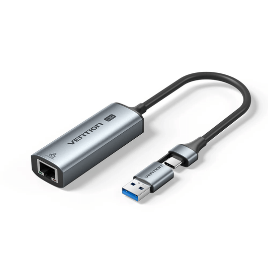 Vention USB-C/USB-A to 2.5G Ethernet Adapter with sleek aluminum design for reliable internet connectivity.