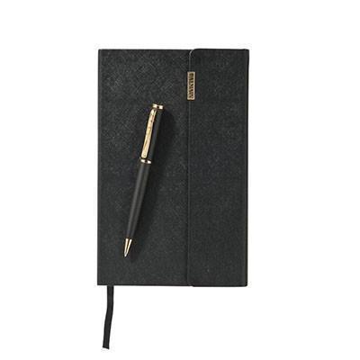 Balmain black notebook with matching ballpoint pen and ribbon page marker.