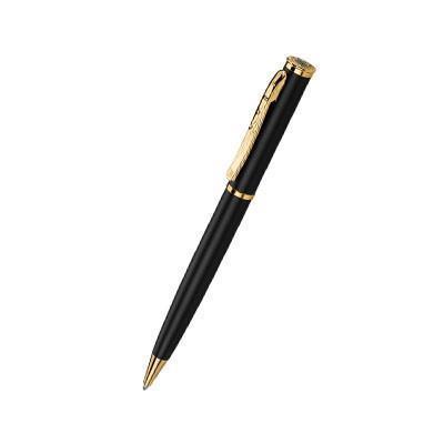 Black Balmain ballpoint pen with gold-coloured clip, centre band and tip.