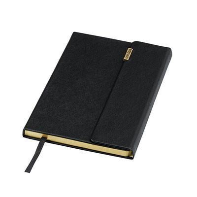 Closed Balmain notebook with flap closure, gold-coloured page edges and black ribbon marker.