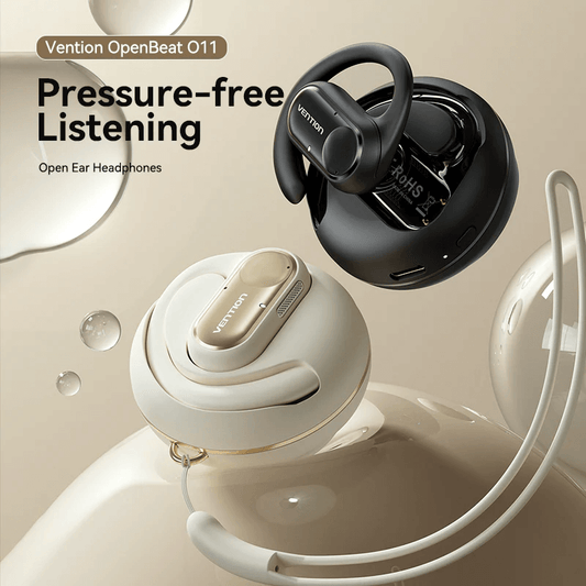 Vention Wireless Bluetooth Open Ear Headphones OpenBeat in black and cream for pressure-free listening.