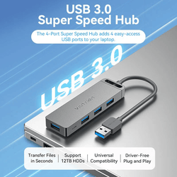 Vention 5-in-1 USB 3.0 Super Speed Hub connected to laptop with four USB ports and sleek design.