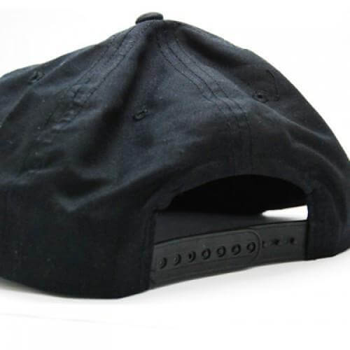 Rear view of black cotton cap showing adjustable plastic snap closure and embroidered eyelets