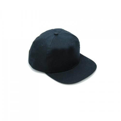 Black six-panel cotton cap with structured crown, top button and projecting brim