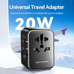 Vention 3-Port USB (C+A+A) Universal Travel Adapter 20W with multi-port charging for international travel.
