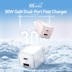 Vention 2-Port USB (C + A) GaN Charger (30W/30W) in an icy background, showcasing dual-port fast charging.