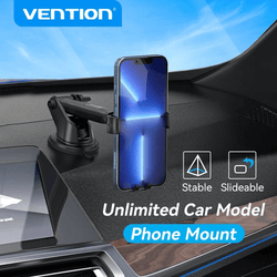 Vention Car Phone Mount with Triangular Point Fixation in a car, securely holding a smartphone on the dashboard.