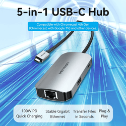 Vention 5-in-1 USB-C Hub with Ethernet offering 100W PD charging and stable Gigabit Ethernet connectivity.
