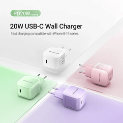 Vention Single Port USB-C Wall Charger 20W in white, green, and pink for fast charging compatible with iPhone.