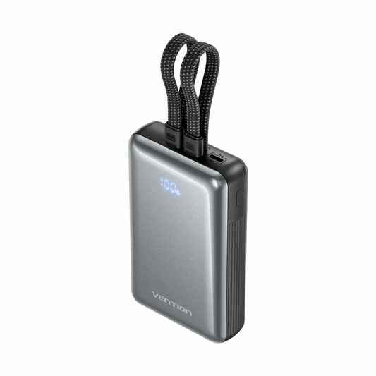 Vention 20000mAh Power Bank with Built-in Cables 35W featuring integrated cables and LED indicator.