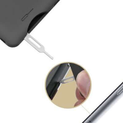 Close-up of iQ+ SIM eject tool with an inset showing use at a phone SIM tray