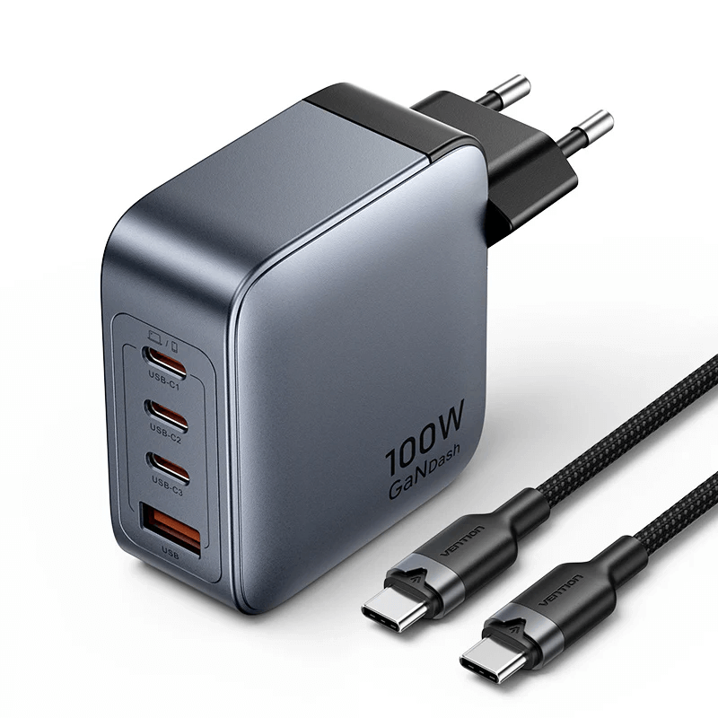 Vention 4-Port USB GaN Charger with Cable (1M) high-speed charging solution and 100W power delivery