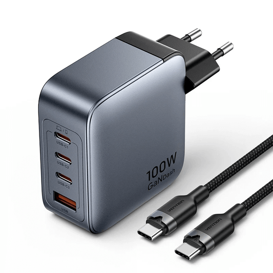 Vention 4-Port USB GaN Charger with Cable (1M) high-speed charging solution and 100W power delivery
