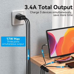 Vention 3-Port USB(A+A+A) Wall Charger 17W charging three devices simultaneously with 3.4A total output.