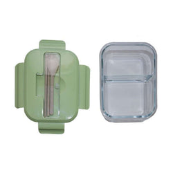 Glass Lunch Box with Cutlery featuring a sleek design and accompanying cutlery for convenient meal prep.
