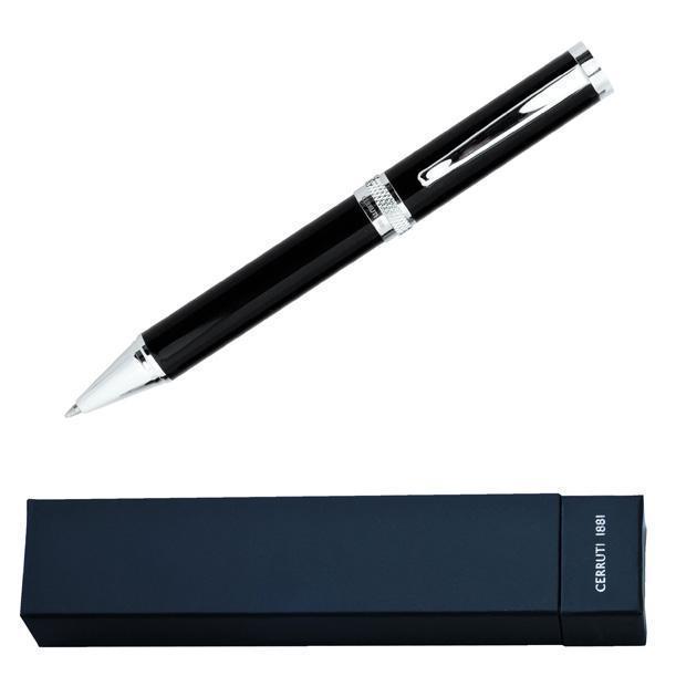 Black CERRUTI 1881 Focus ballpoint pen with chrome clip, centre band and tip shown beside a branded box