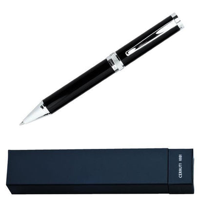 Black CERRUTI 1881 Focus ballpoint pen with chrome clip, centre band and tip shown beside a branded box