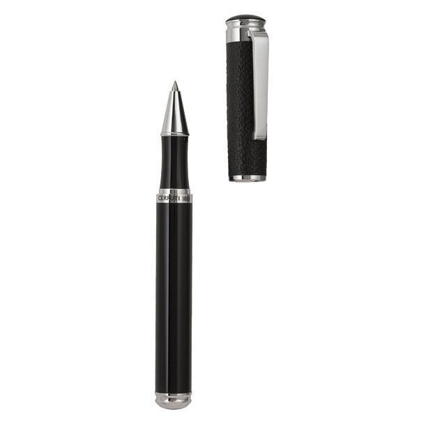 CERRUTI Tune rollerball pen with cap removed, black barrel, textured cap and silver-coloured trim