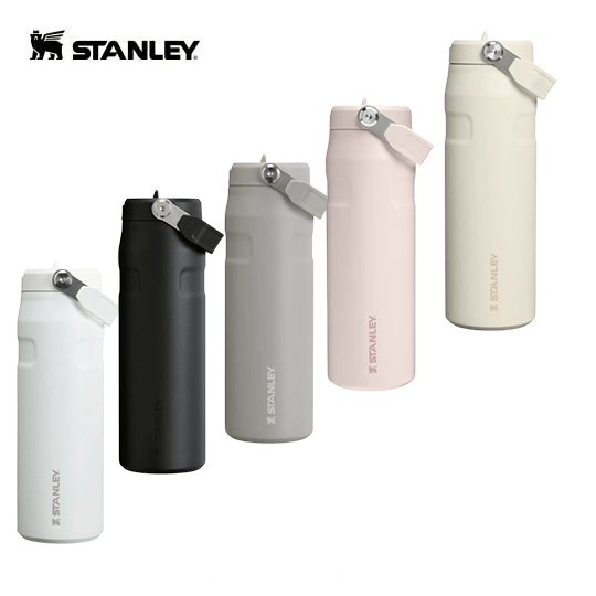 Stanley IceFlow 710 ml flip straw bottles in white, black, grey, pink and cream, with carry handles and matching lids