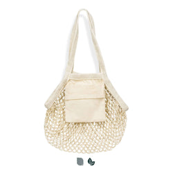 Cotton Mesh Foldaway Tote Bag - Small with compact cotton slip pocket in natural color.
