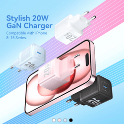 Vention 1-Port USB-C GaN Charger 20W with stylish design and compatibility with iPhone 8-15 series.