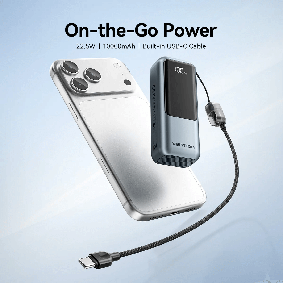 Vention Mini 10000mAh Power Bank 22.5W next to smartphone with USB-C cable for portable charging.