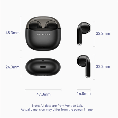 Vention True Wireless Bluetooth Earbuds Elf E07 dimensions and design specifications with sleek look and compact size.