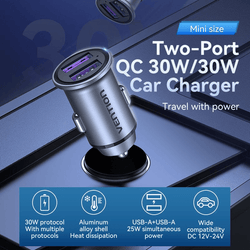 Vention Car Charger 30W with Dual USB Ports, sleek design, 30W Quick Charge technology, dual device charging