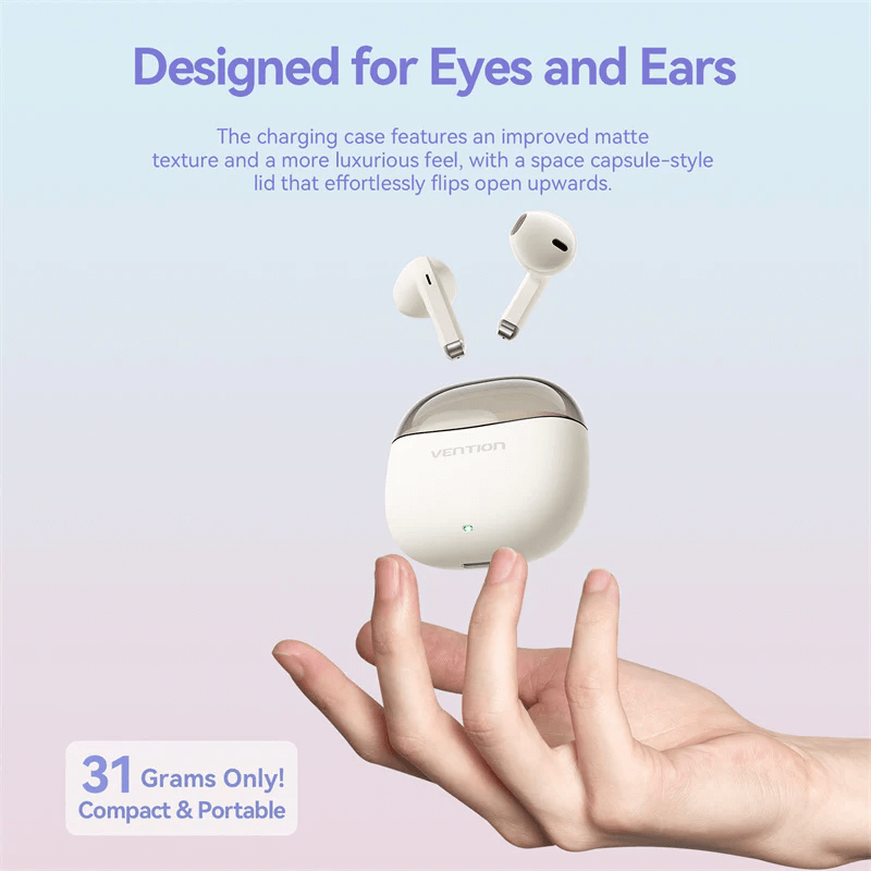 Vention True Wireless Bluetooth Earbuds Elf E07 in a hand with charging case, showcasing compact and portable design.