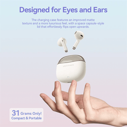 Vention True Wireless Bluetooth Earbuds Elf E07 in a hand with charging case, showcasing compact and portable design.