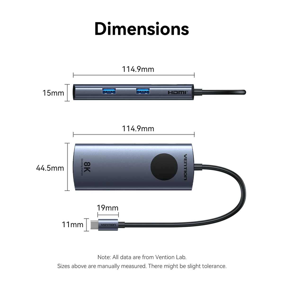 Dimensions of Vention 5-in-1 USB-C 8K Docking Station with LED Display showing port and size details.