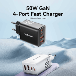 Vention 4-Port GaN Charger displayed on a rugged background, showcasing its fast charging capabilities.