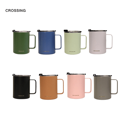 Eight Crossing Neo handled mugs in assorted colours with lids and metallic rims