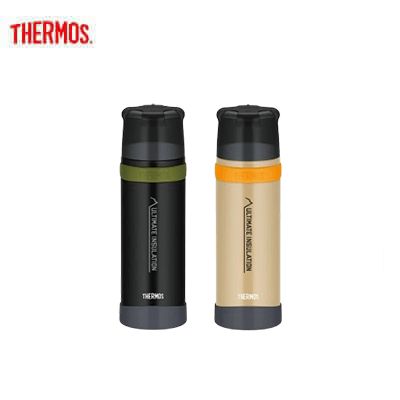Thermos FFX-751 Vacuum-Insulated Bottle with Cup in black and cream colors, perfect for outdoor activities and corporate gifts.